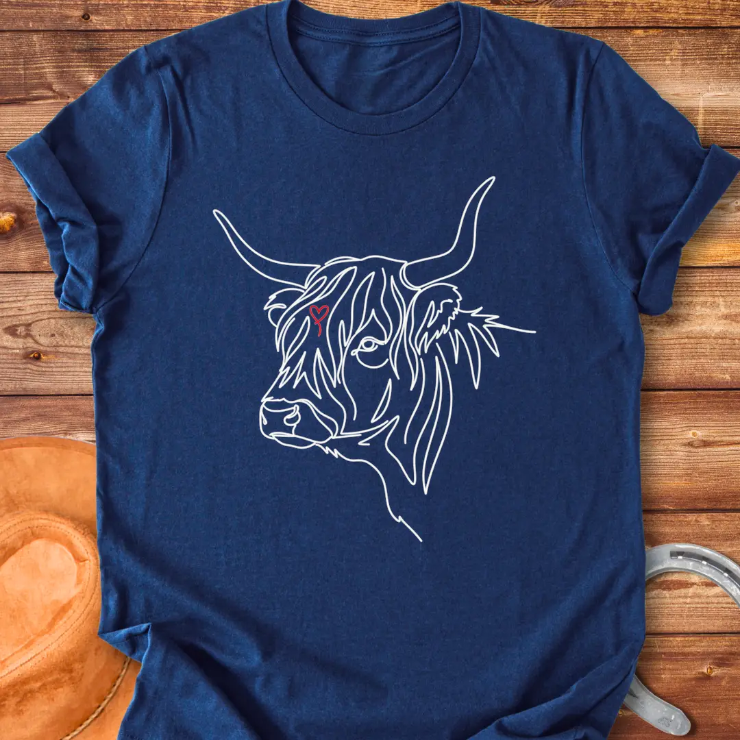 Highland cow lineart design with a red heart, cow lover t-shirt