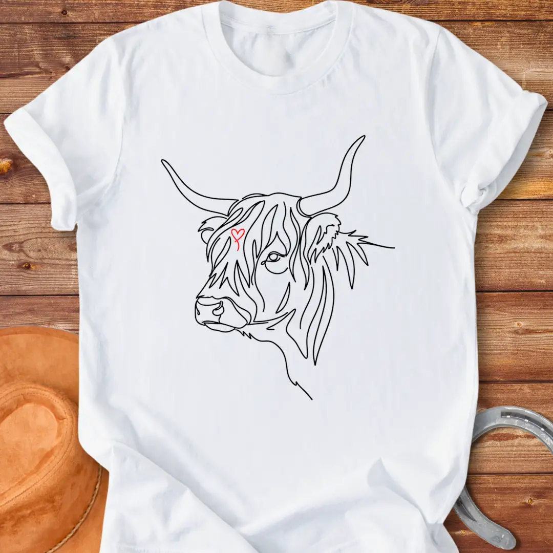 Highland cow lineart design with a red heart, cow lover t-shirt