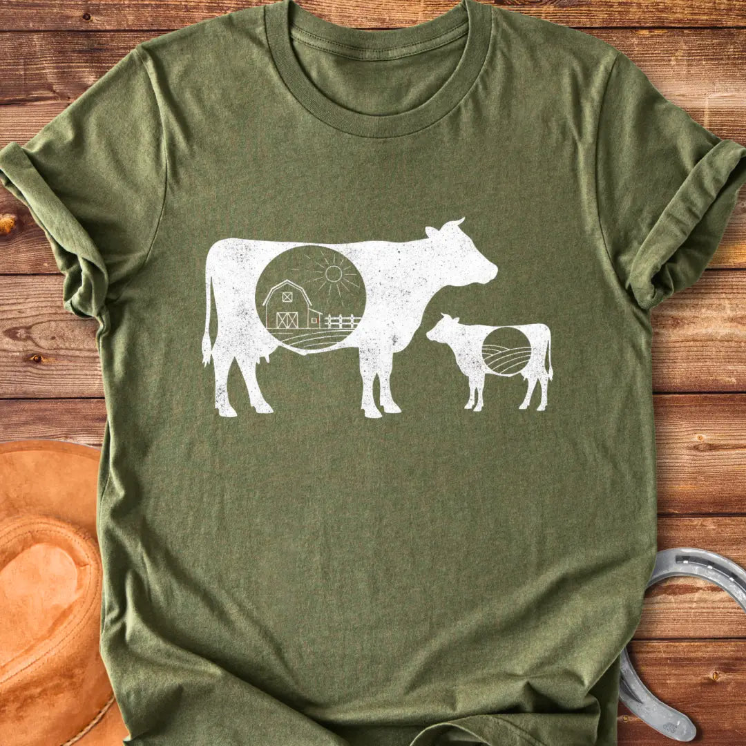 Silhouette of a mama cow and calf with a red barn in the middle, representing home and family