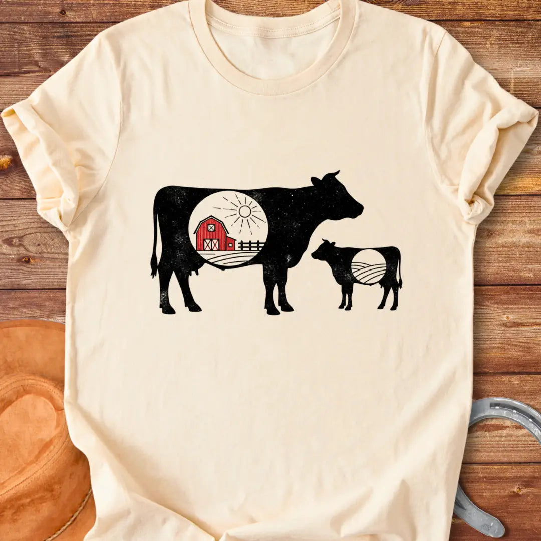 Silhouette of a mama cow and calf with a red barn in the middle, representing home and family