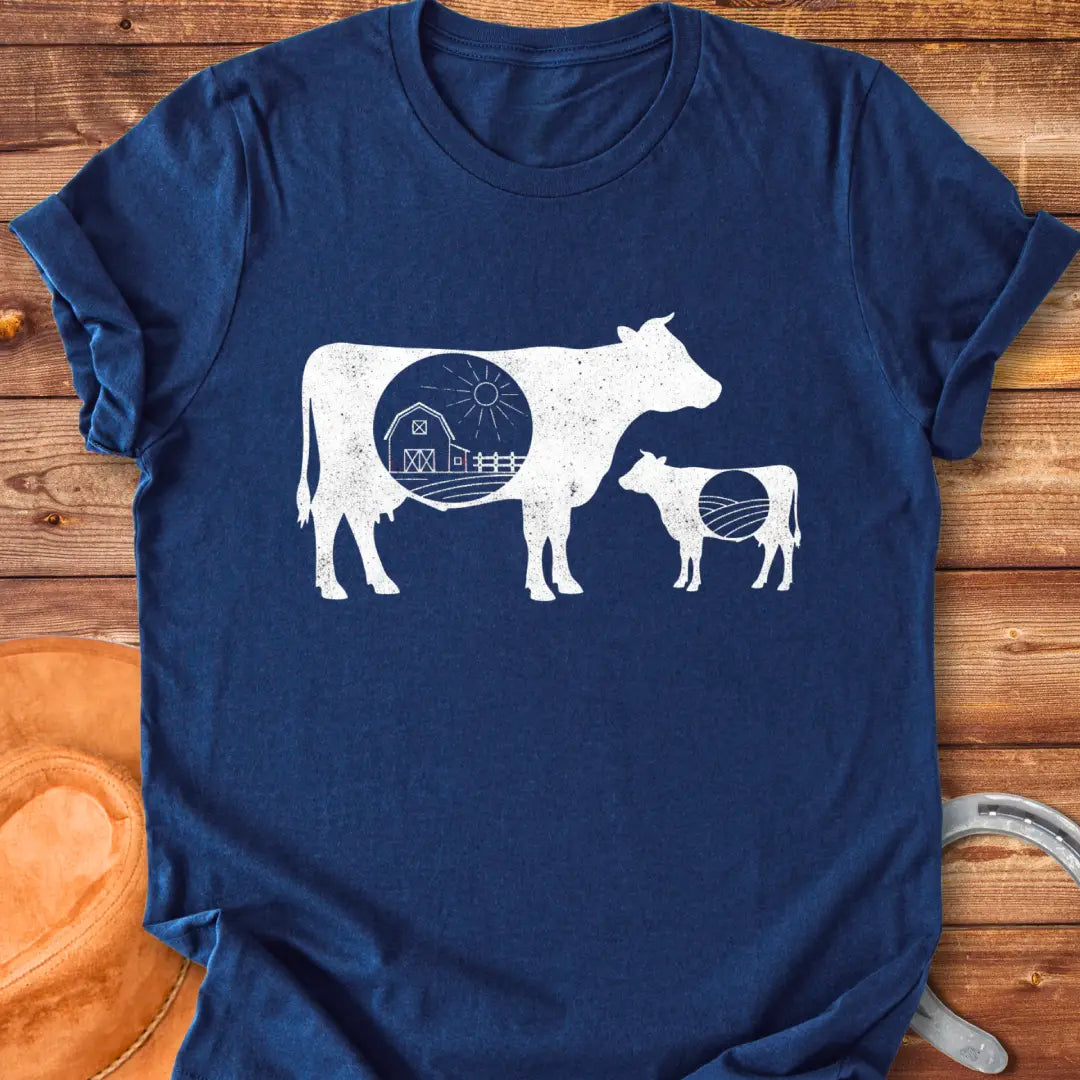 Silhouette of a mama cow and calf with a red barn in the middle, representing home and family