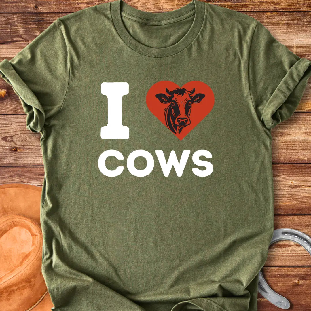I Heart Cows T-Shirt design t-shirt, showing a graphic of a cow.