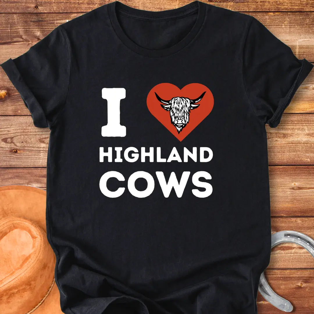 I Heart Highland Cows T-Shirt design featuring a Highland cow inside of a heart