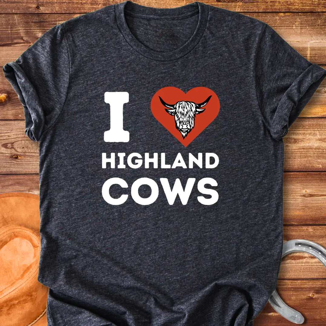 I Heart Highland Cows T-Shirt design featuring a Highland cow inside of a heart