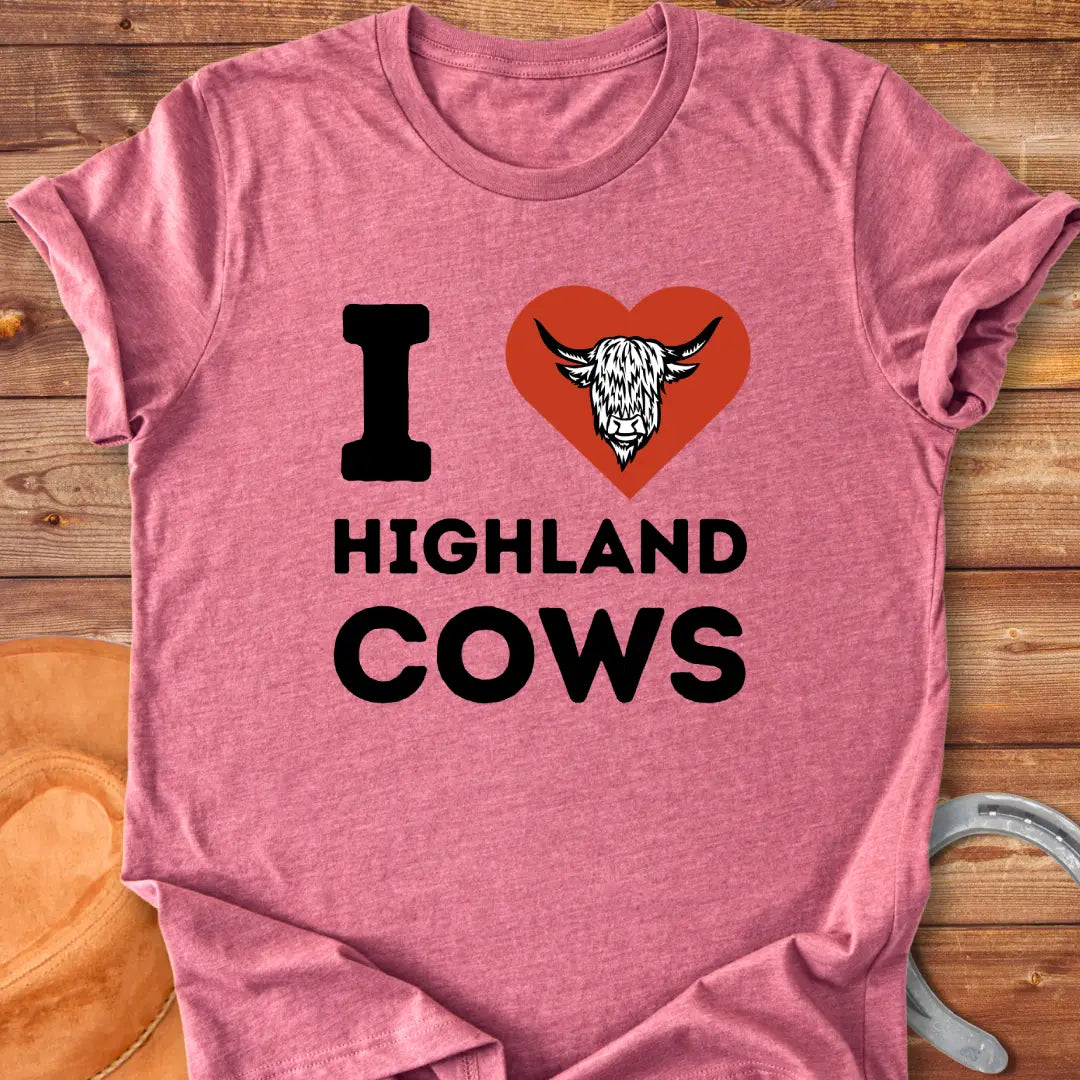 I Heart Highland Cows T-Shirt design featuring a Highland cow inside of a heart