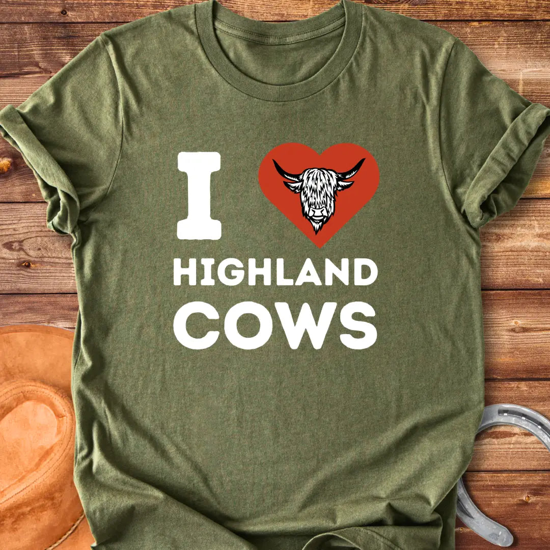 I Heart Highland Cows T-Shirt design featuring a Highland cow inside of a heart