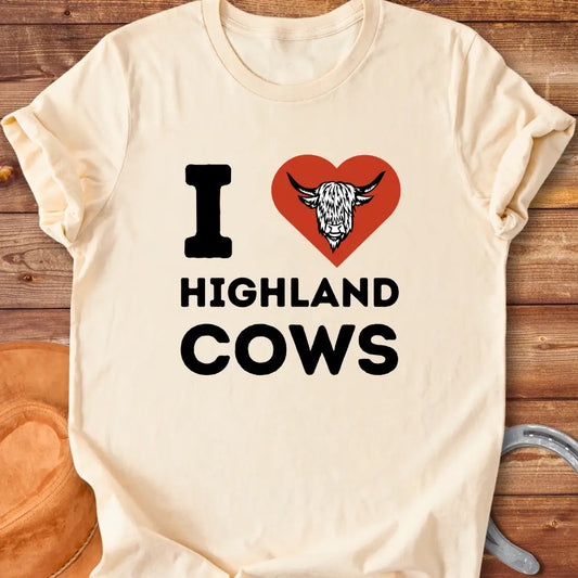I Heart Highland Cows T-Shirt design featuring a Highland cow inside of a heart