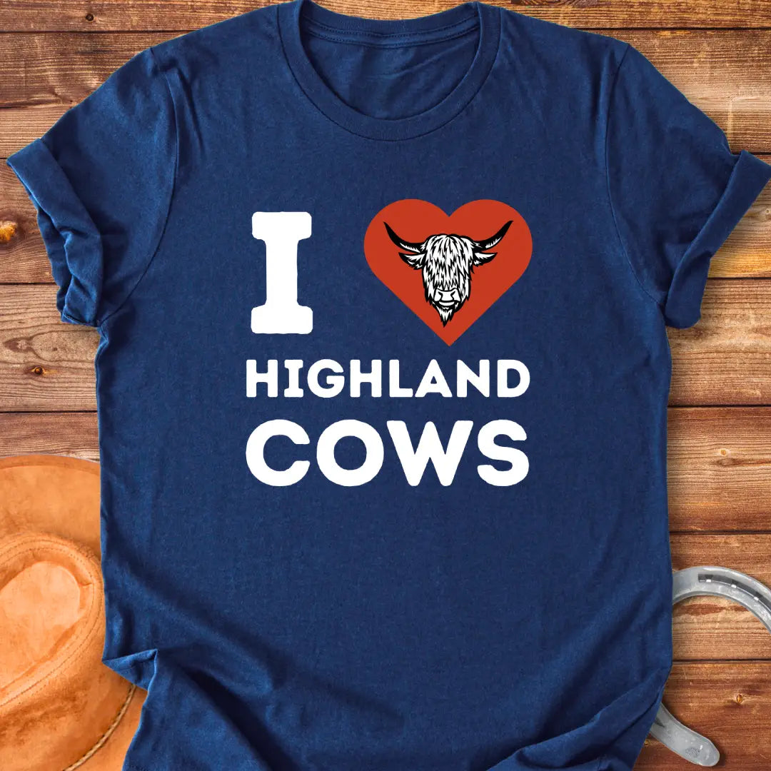 I Heart Highland Cows T-Shirt design featuring a Highland cow inside of a heart