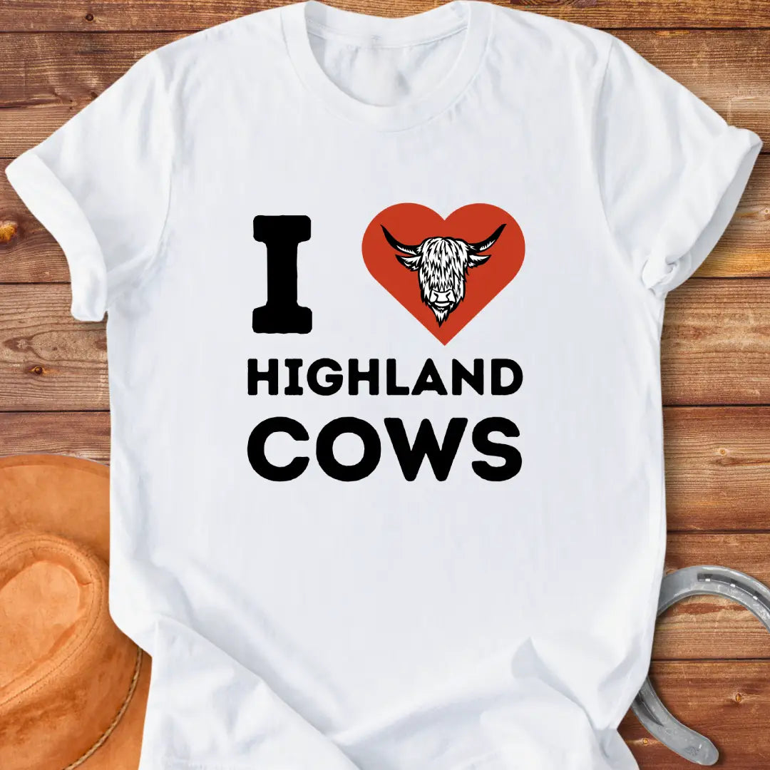 I Heart Highland Cows T-Shirt design featuring a Highland cow inside of a heart
