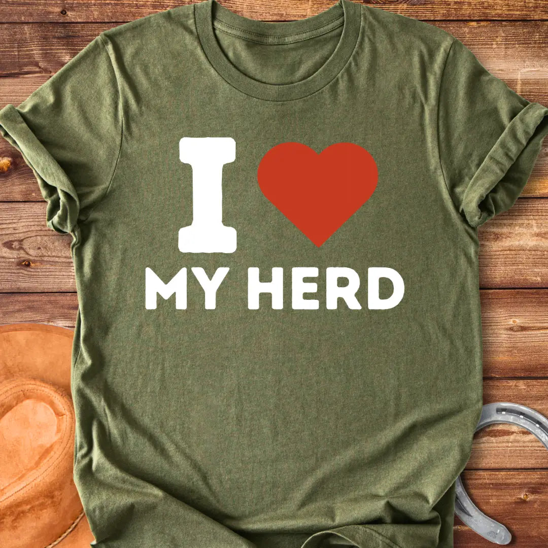 Red heart on black background, I heart my herd t-shirt