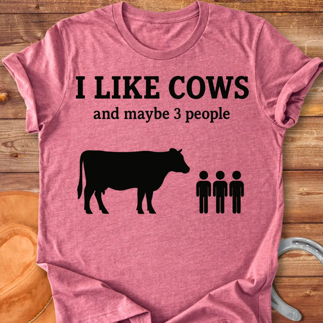 Silhouette of a cow next to the phrase "I Like Cows and maybe 3 people"
