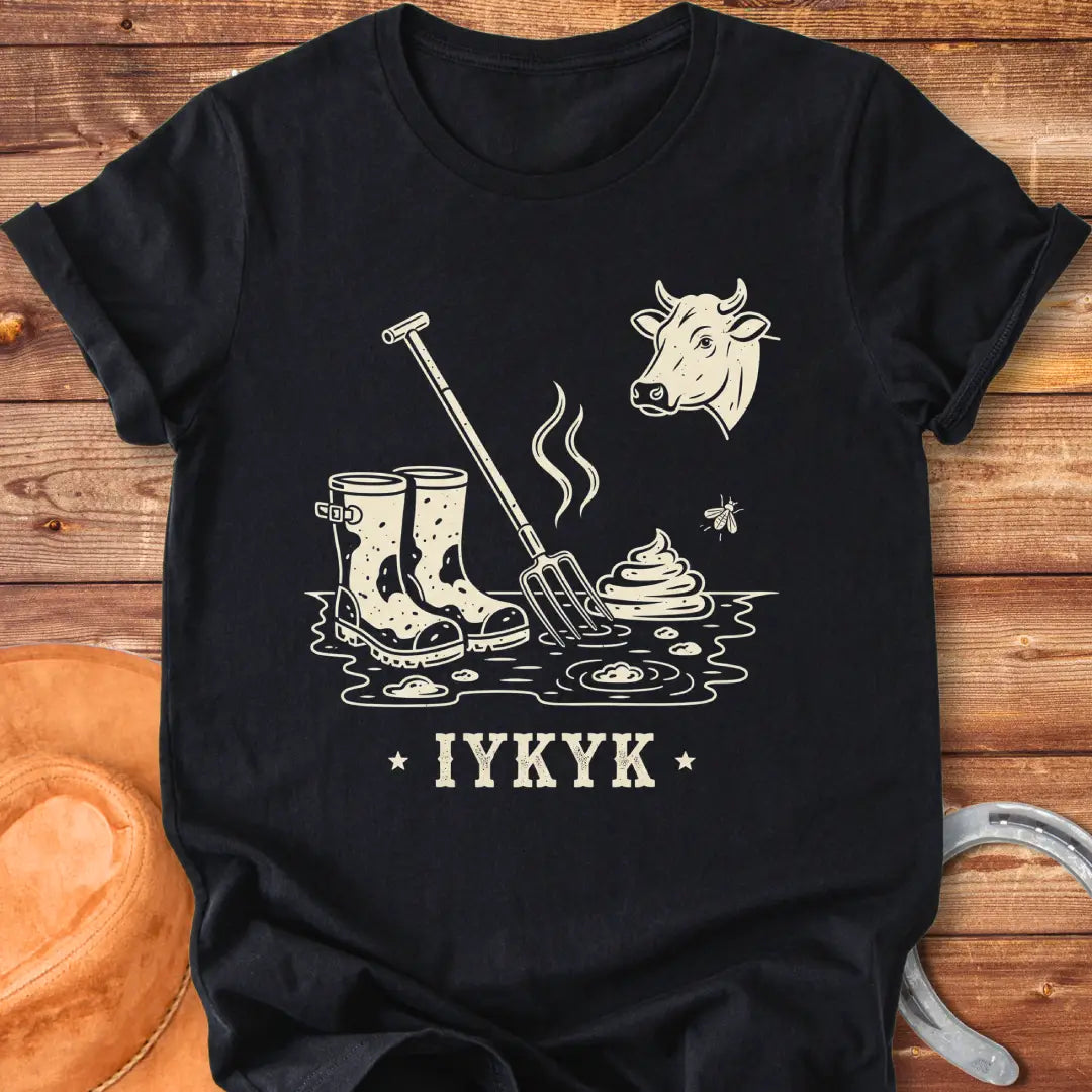 Illustration of muddy boots, a pitchfork, cow pies, a cow head, and a fly, perfect for cow lovers.