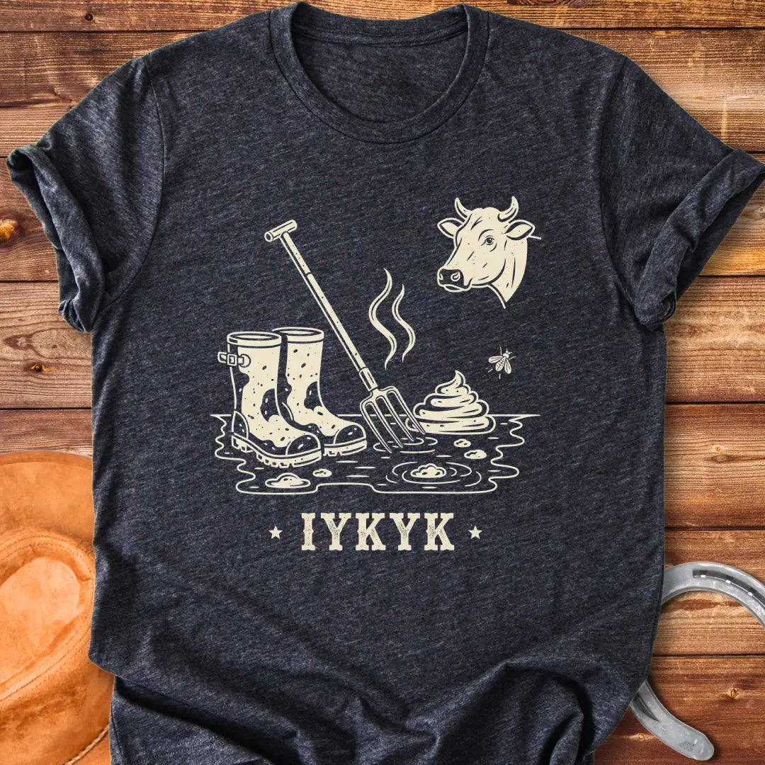 Illustration of muddy boots, a pitchfork, cow pies, a cow head, and a fly, perfect for cow lovers.