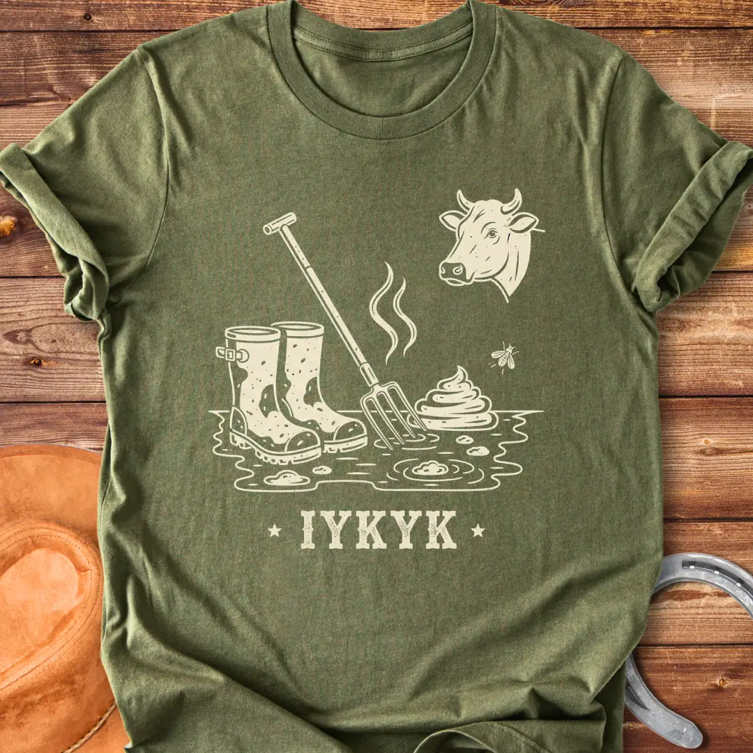 Illustration of muddy boots, a pitchfork, cow pies, a cow head, and a fly, perfect for cow lovers.