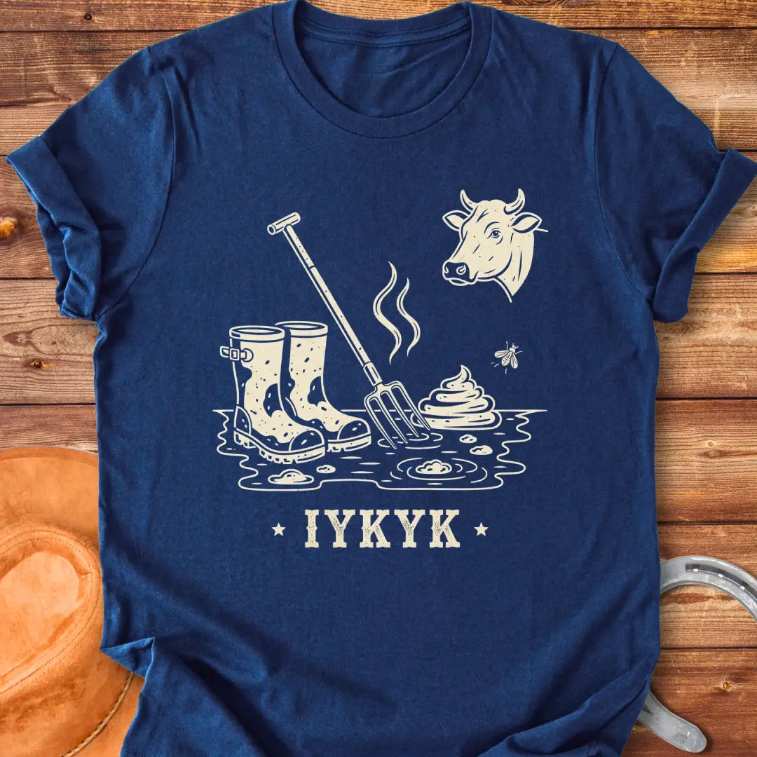 Illustration of muddy boots, a pitchfork, cow pies, a cow head, and a fly, perfect for cow lovers.