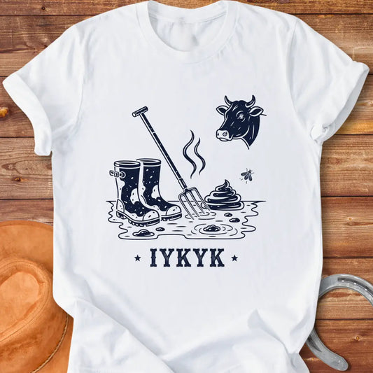Illustration of muddy boots, a pitchfork, cow pies, a cow head, and a fly, perfect for cow lovers.