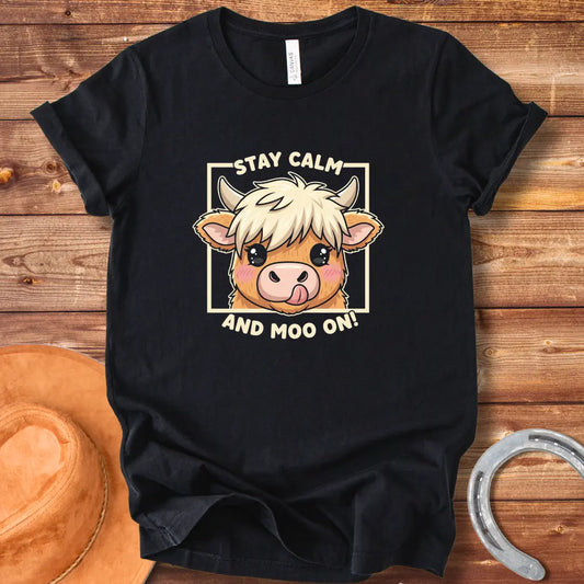 Kawaii cow face with the words Stay Calm and Moo On