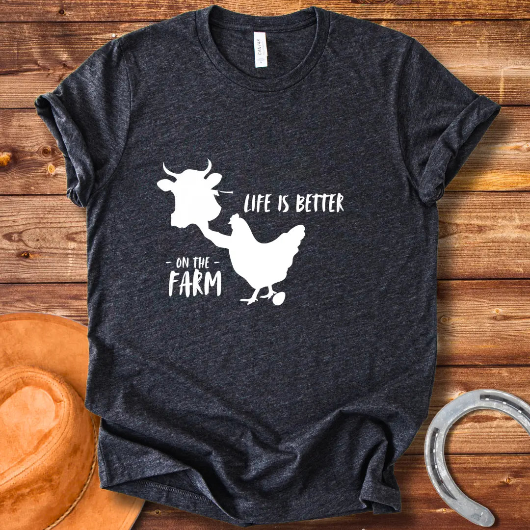 Black and white t-shirt design featuring a cow and the words 'Life is Better' for Cow Lovers Clothing.