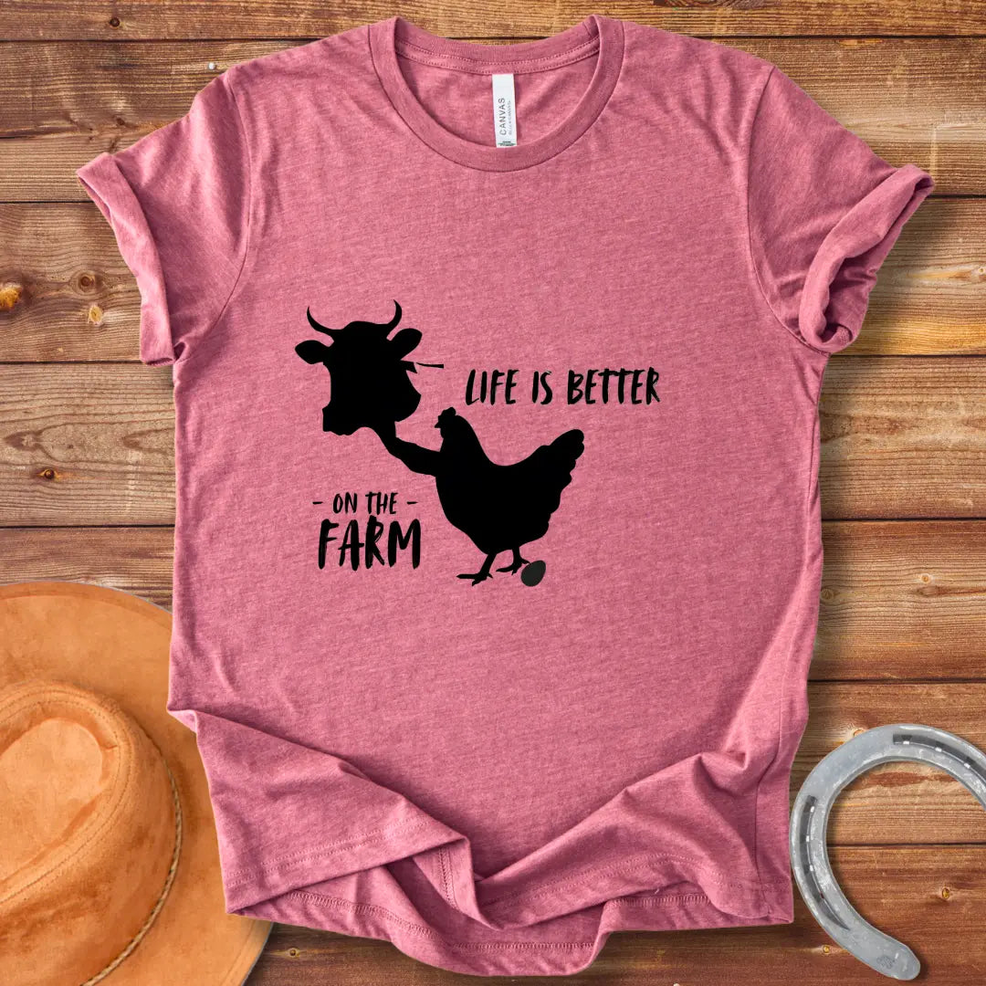Black and white t-shirt design featuring a cow and the words 'Life is Better' for Cow Lovers Clothing.