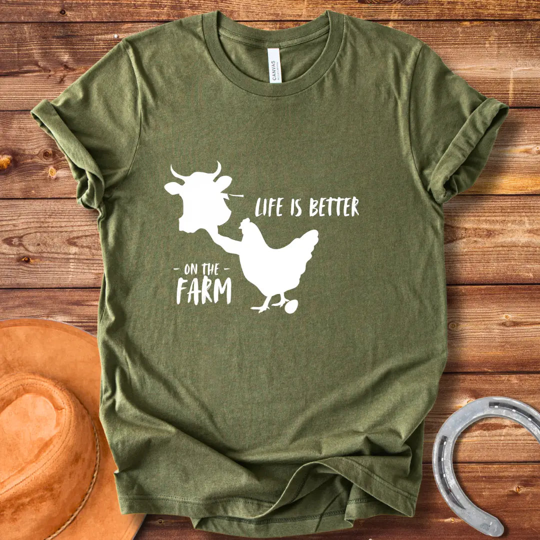 Black and white t-shirt design featuring a cow and the words 'Life is Better' for Cow Lovers Clothing.