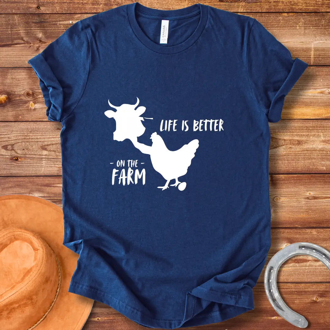 Black and white t-shirt design featuring a cow and the words 'Life is Better' for Cow Lovers Clothing.