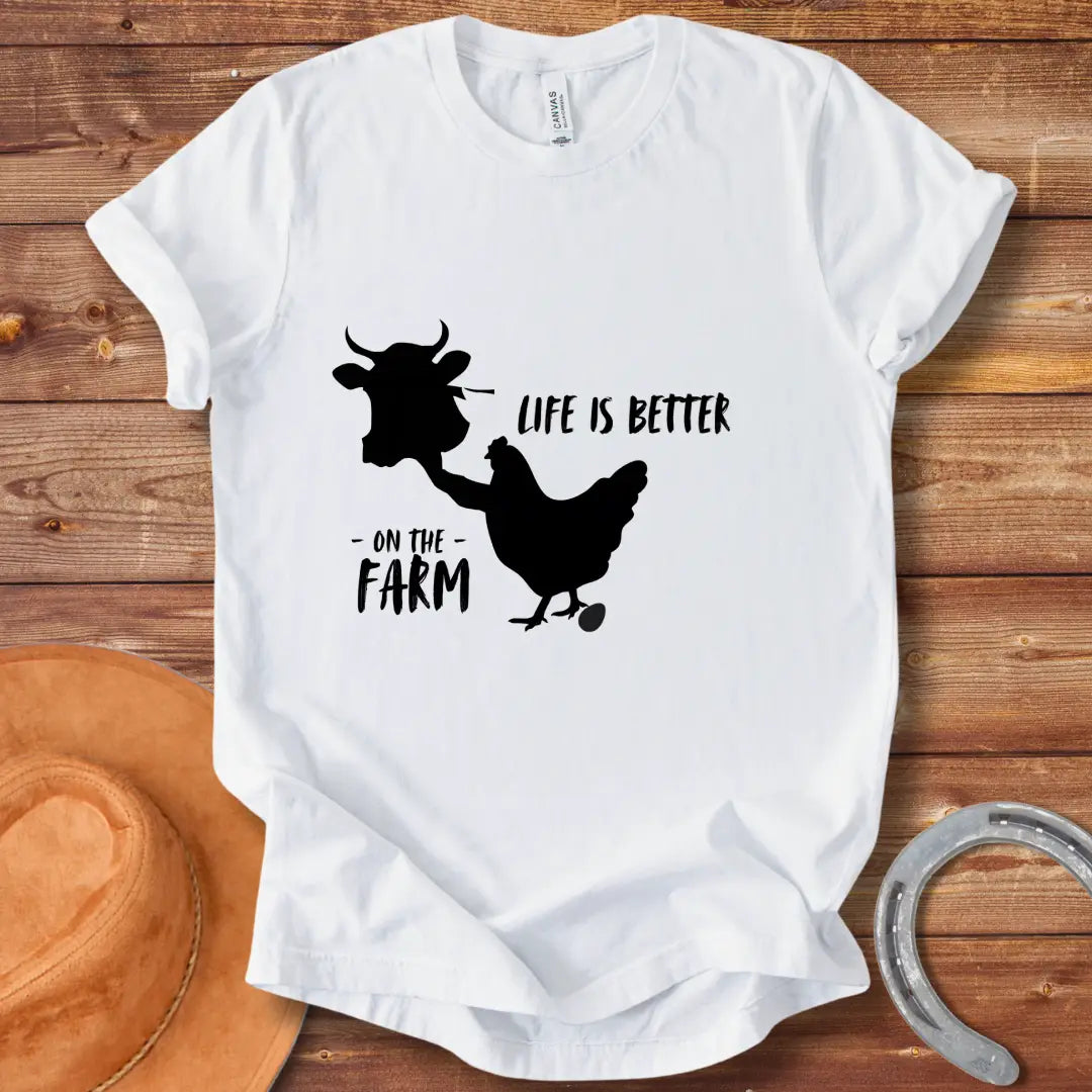 Black and white t-shirt design featuring a cow and the words 'Life is Better' for Cow Lovers Clothing.