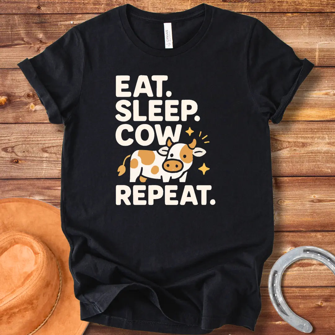 Line art illustration of a sleeping cow on a crescent moon with the text 'Eat Sleep Cow Repeat' 