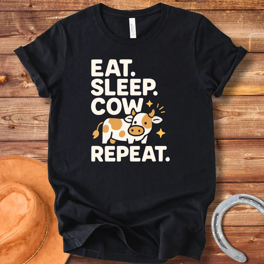 Line art illustration of a sleeping cow on a crescent moon with the text 'Eat Sleep Cow Repeat' 