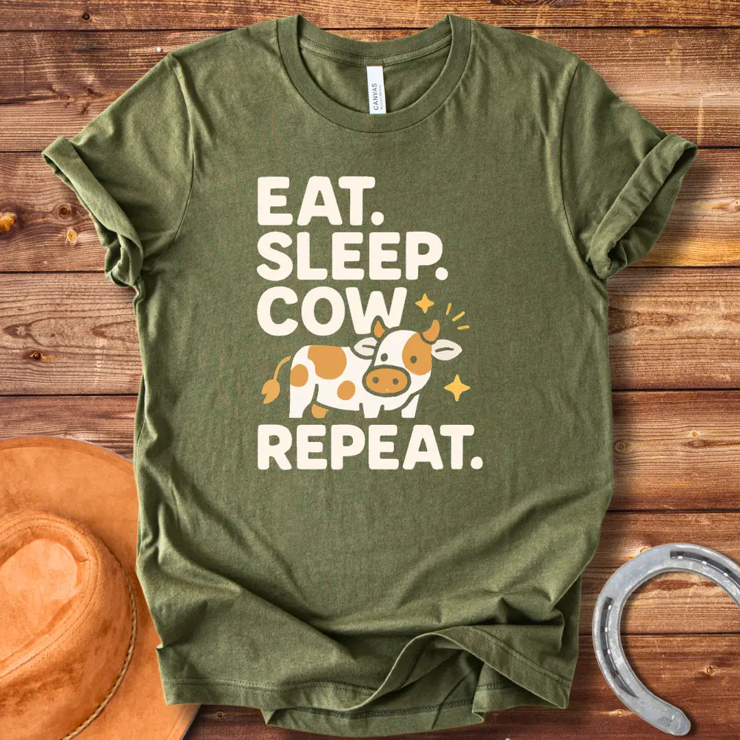 Line art illustration of a sleeping cow on a crescent moon with the text 'Eat Sleep Cow Repeat' 