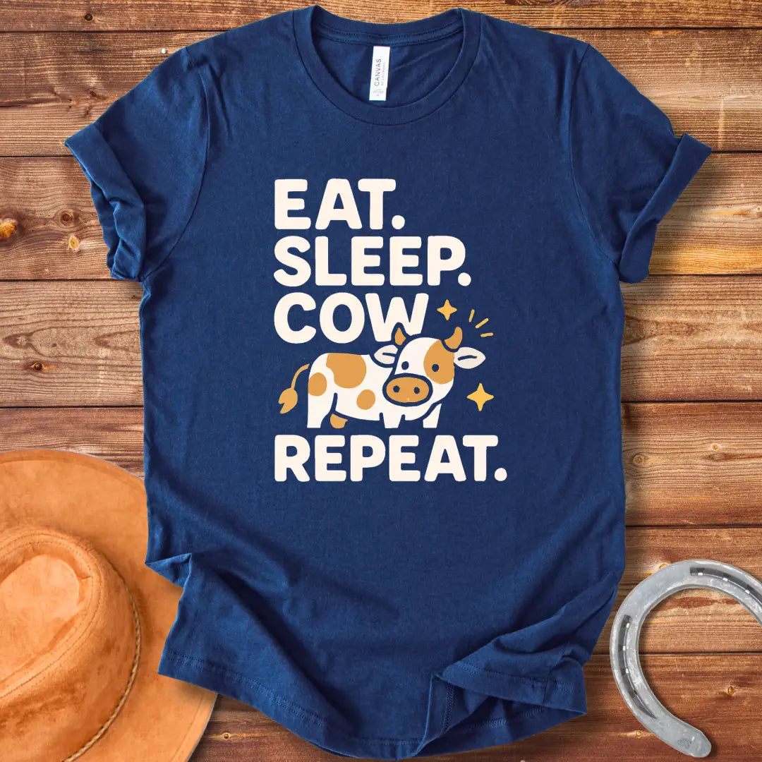 Line art illustration of a sleeping cow on a crescent moon with the text 'Eat Sleep Cow Repeat' 