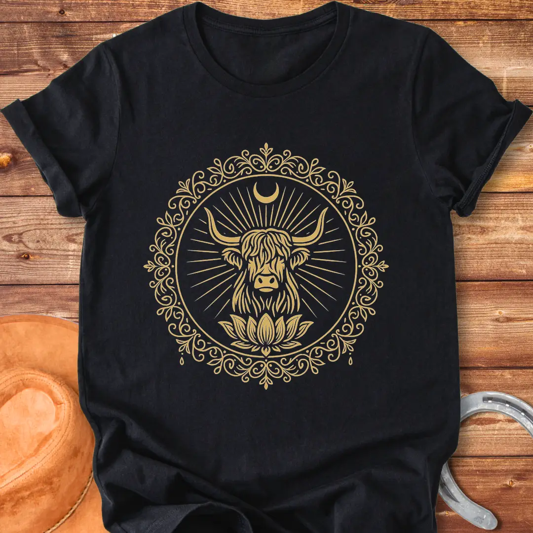 Highland cow face inside a lotus mandala design on a t-shirt