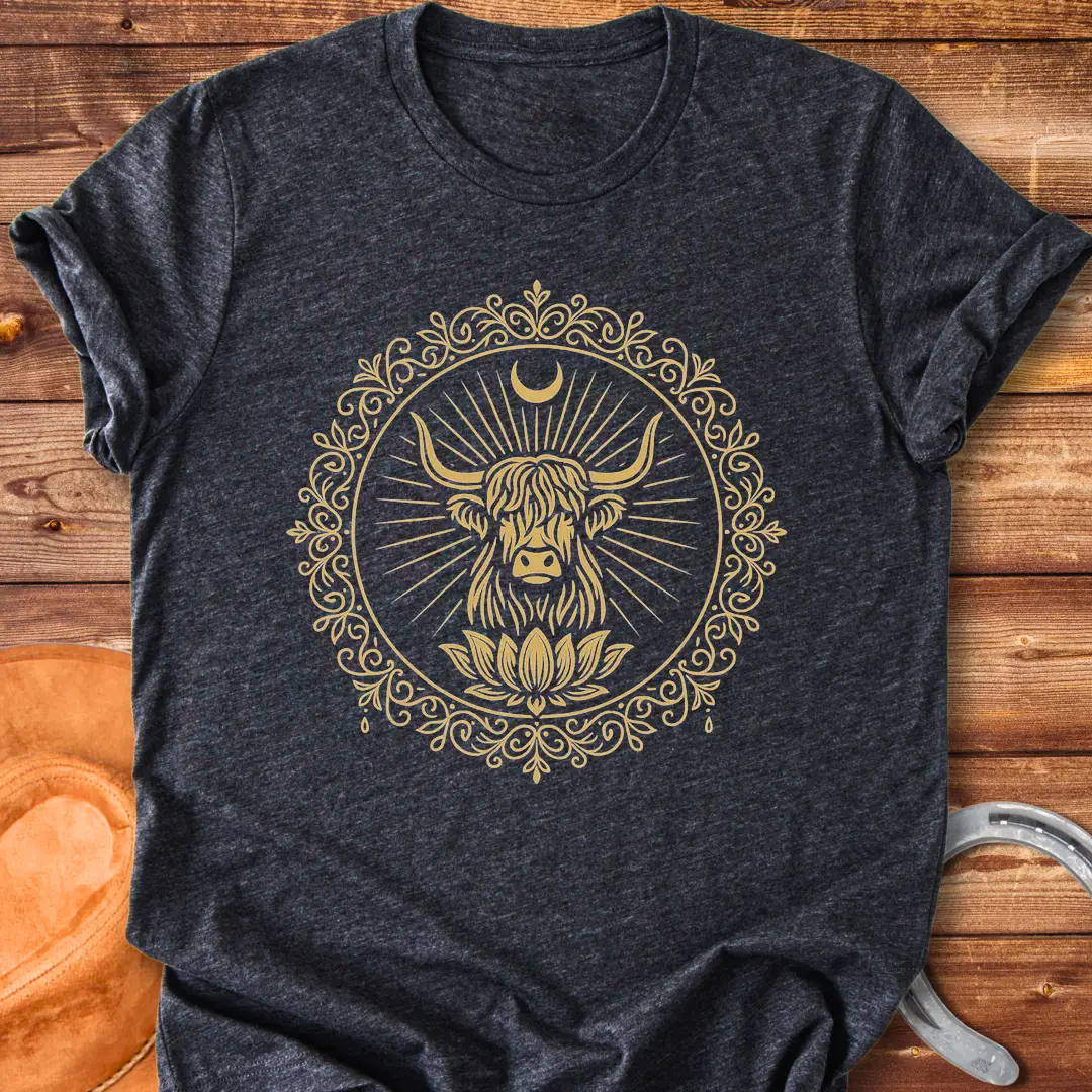 Highland cow face inside a lotus mandala design on a t-shirt