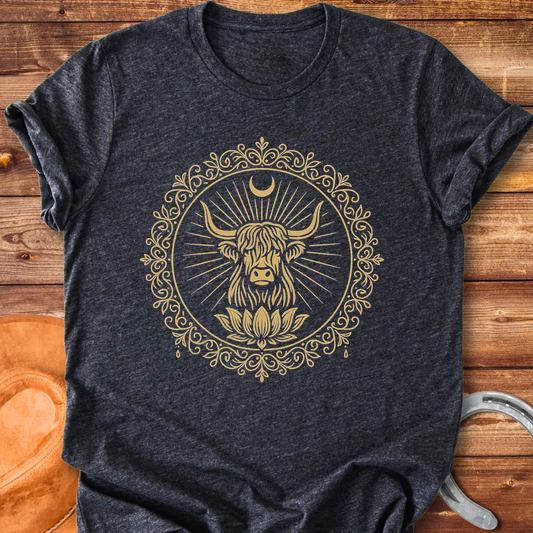 Highland cow face inside a lotus mandala design on a t-shirt