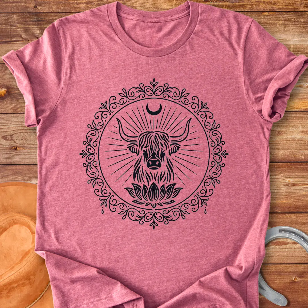 Highland cow face inside a lotus mandala design on a t-shirt