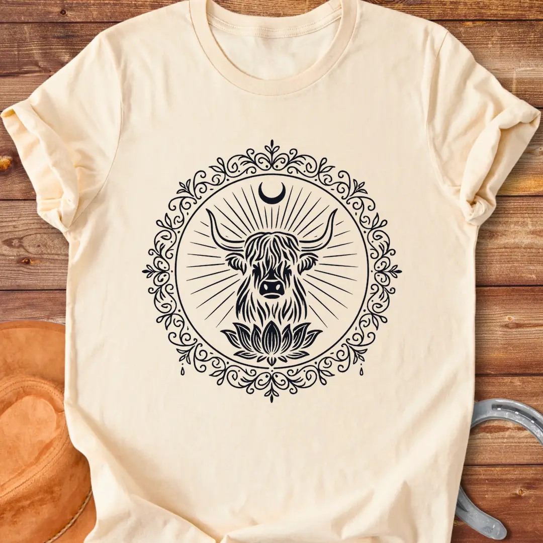 Highland cow face inside a lotus mandala design on a t-shirt