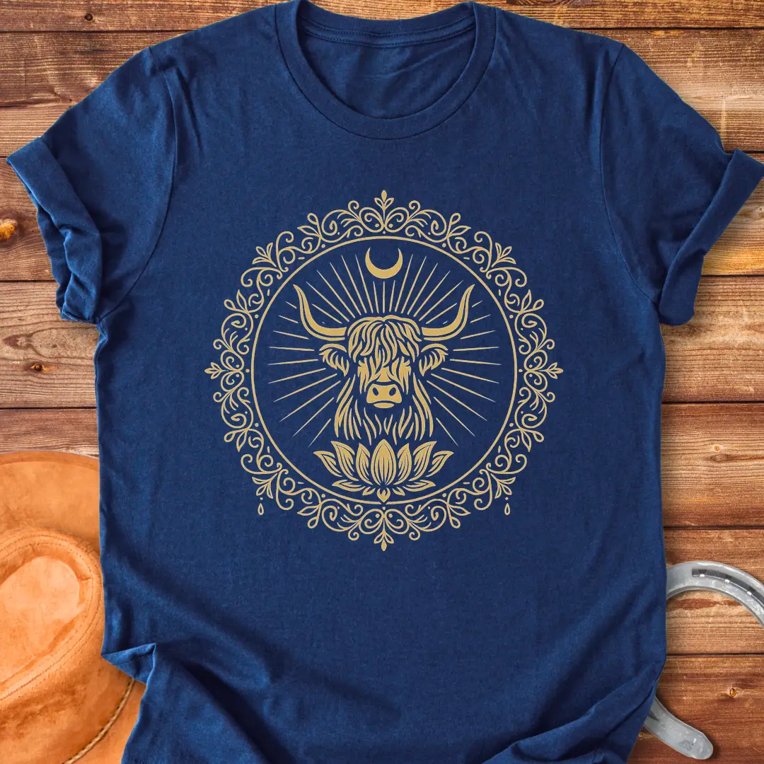 Highland cow face inside a lotus mandala design on a t-shirt