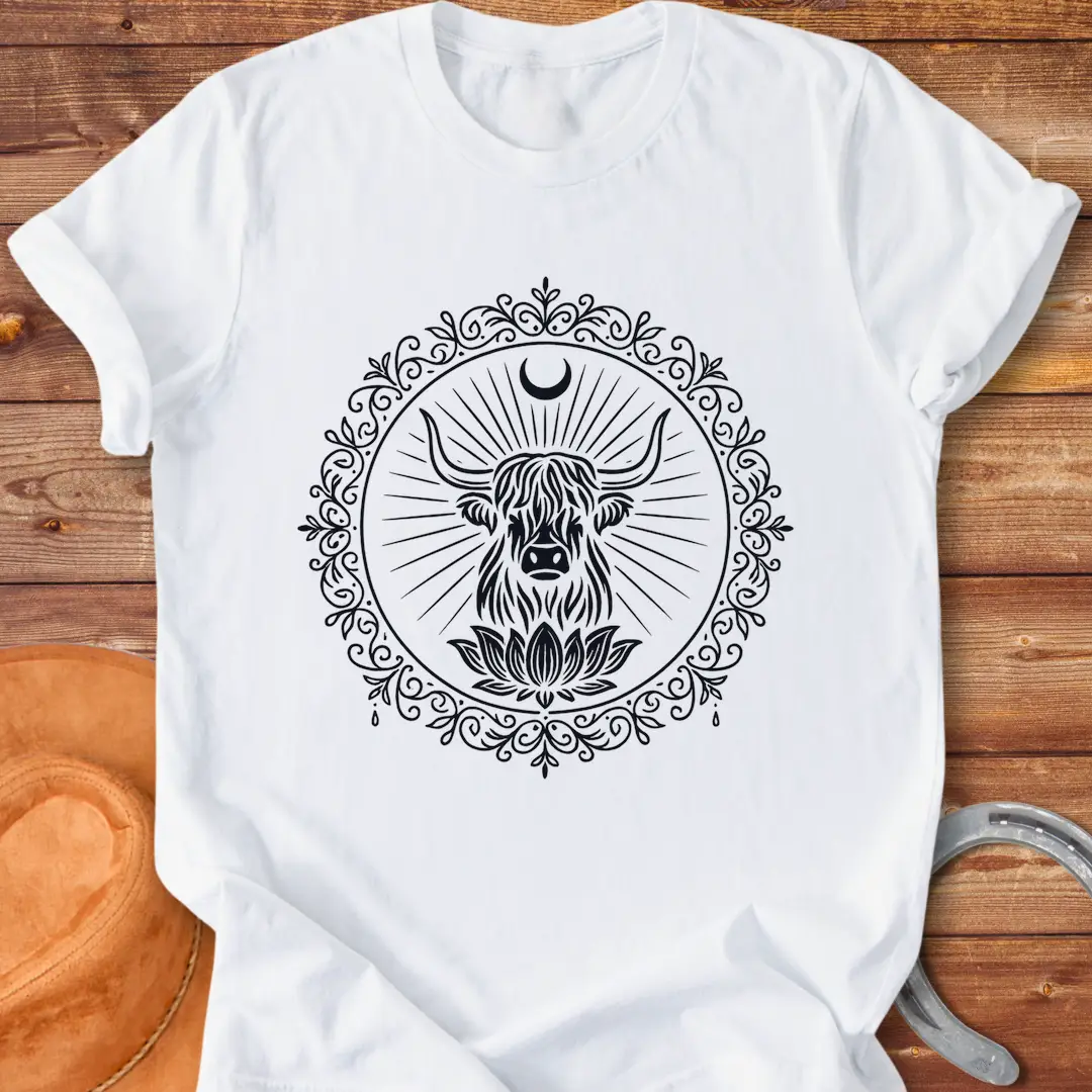 Highland cow face inside a lotus mandala design on a t-shirt