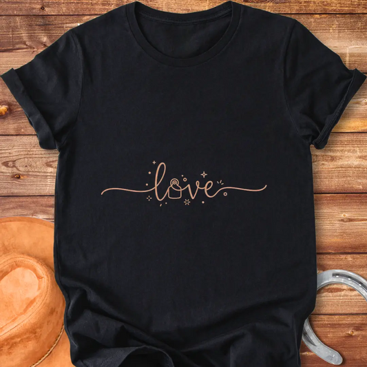 Love Eartag T-Shirt design featuring the word 'love' in a beautiful script with decorative details.
