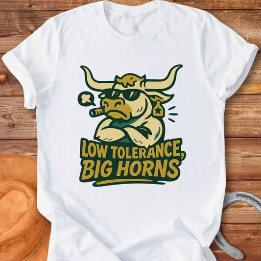 Illustration of a bull with sunglasses and a cigar with the words 'Low Tolerance, Big Horns'