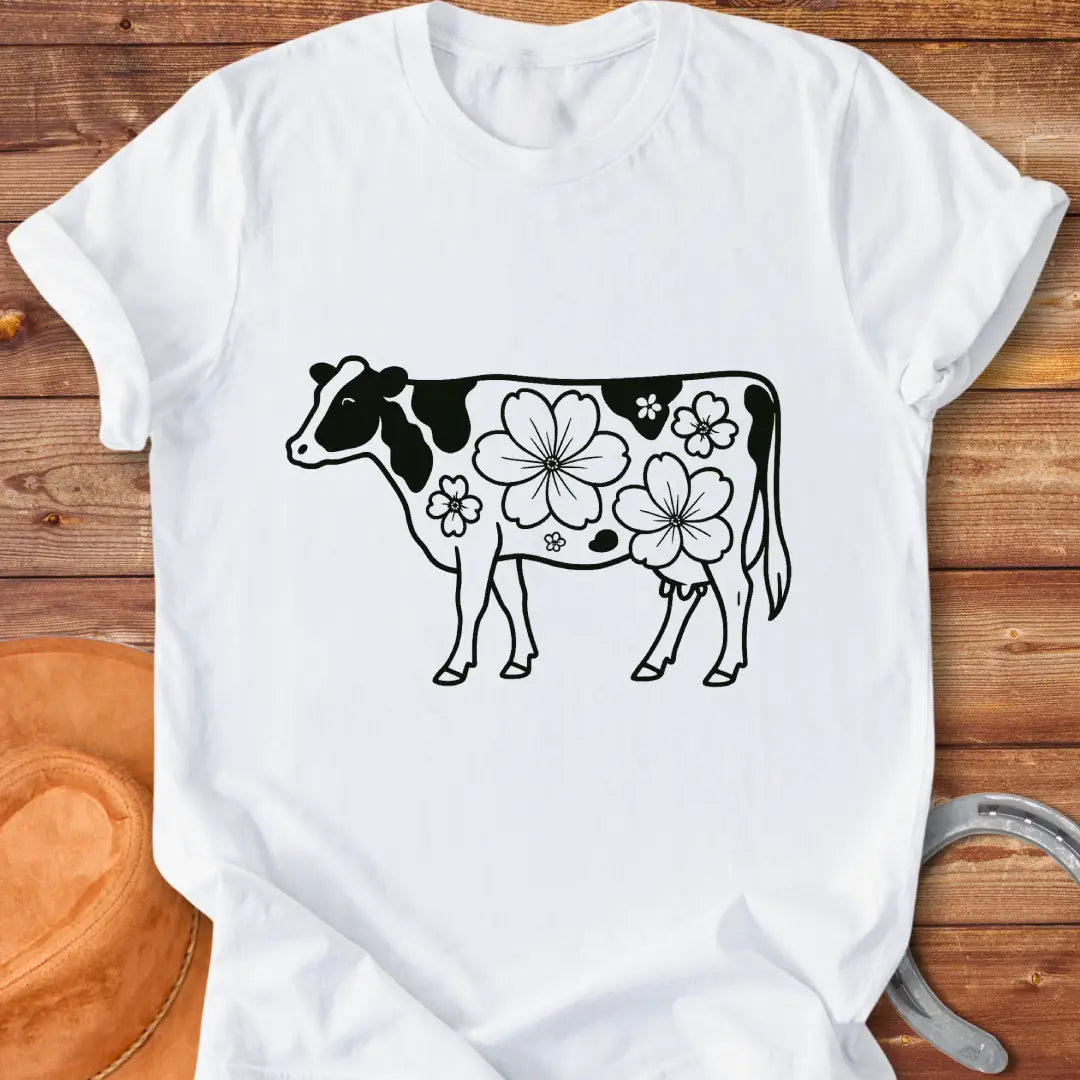 Magnolia Holstein T-Shirt featuring a Holstein cow silhouette with floral design