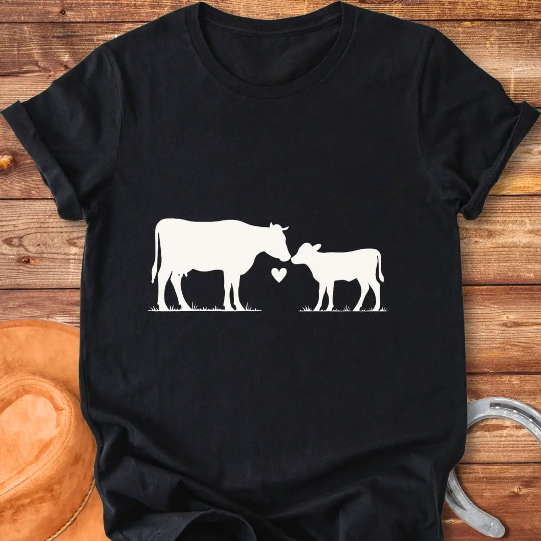 Silhouette of a mama cow and calf touching noses with a heart in between, expressing cow love.
