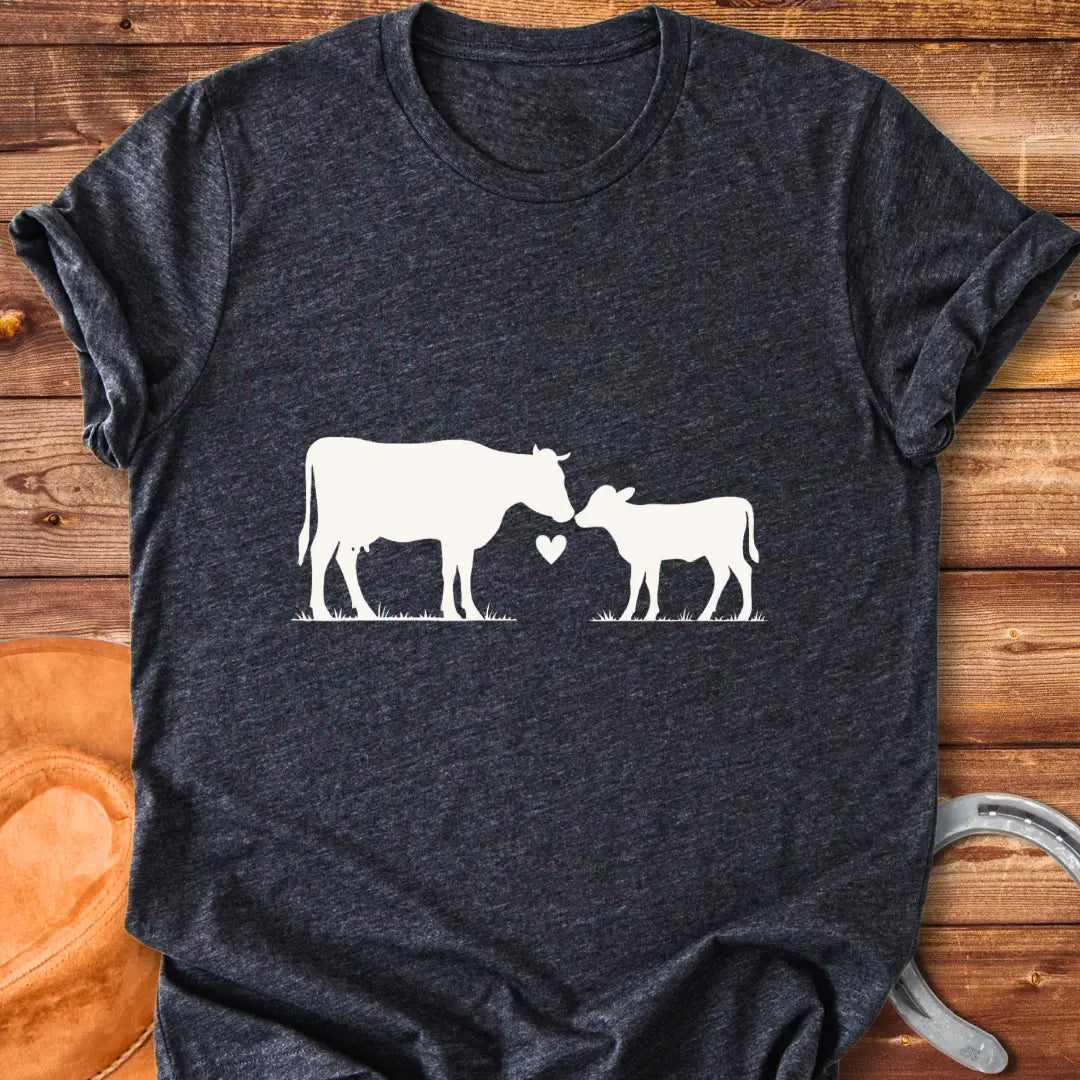 Mama & Calf T-Shirt design t-shirt, showing a graphic of a cow.