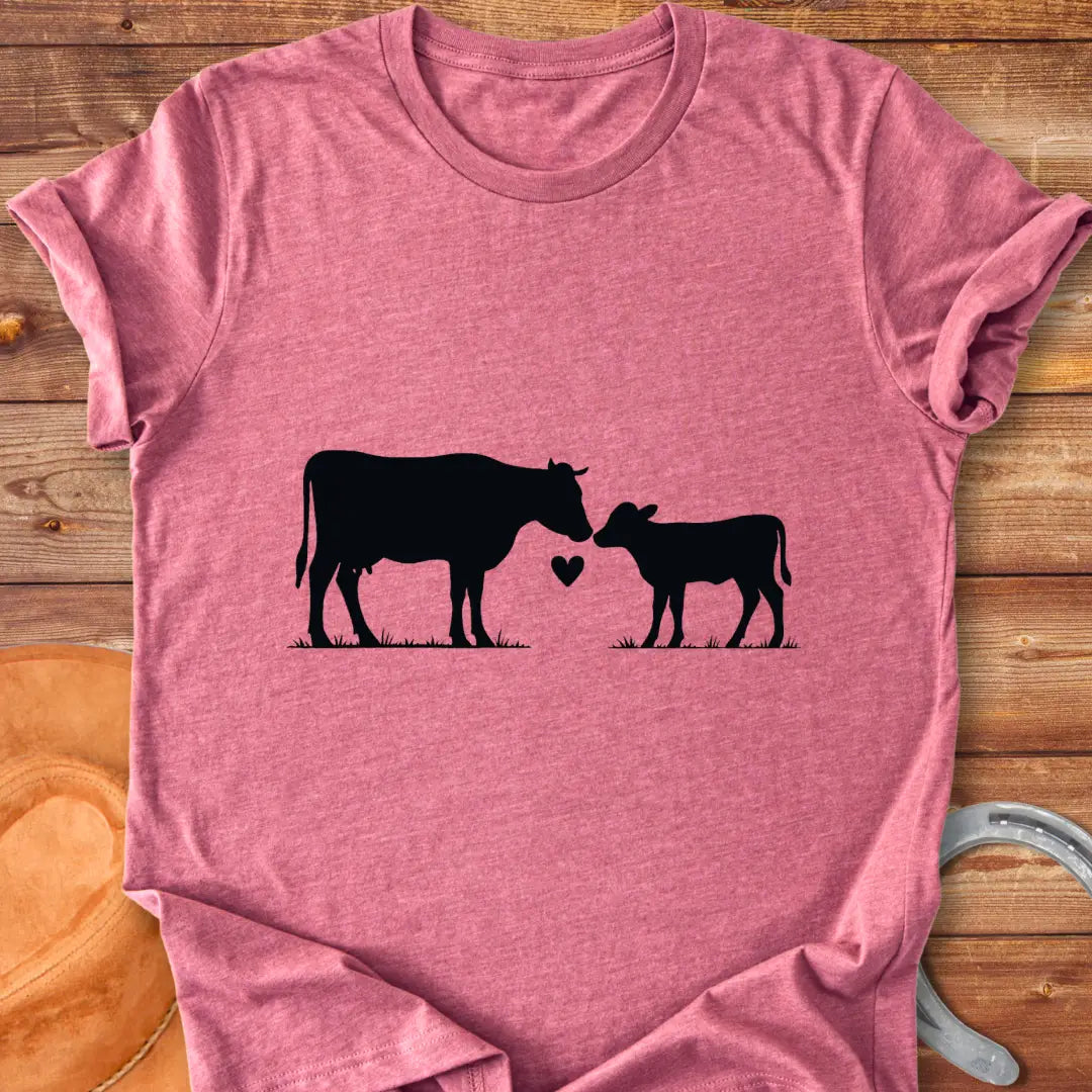 Mama & Calf T-Shirt design t-shirt, showing a graphic of a cow.