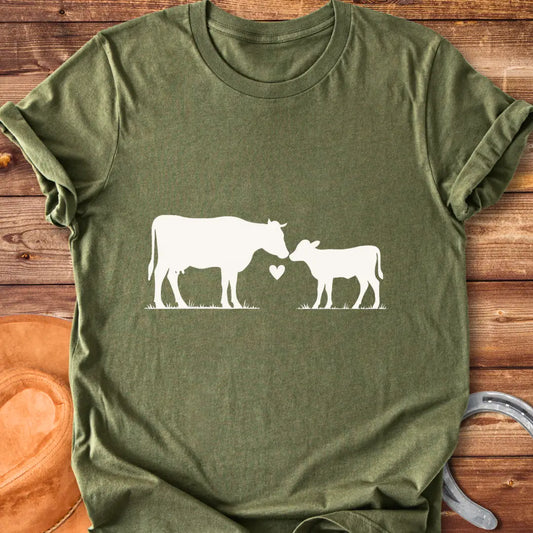 Mama & Calf T-Shirt design t-shirt, showing a graphic of a cow.