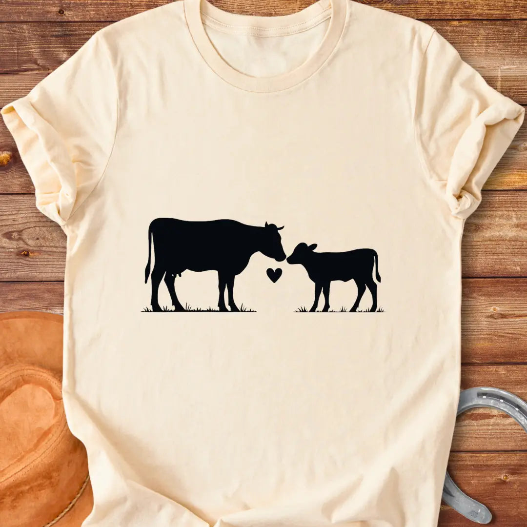 Mama & Calf T-Shirt design t-shirt, showing a graphic of a cow.