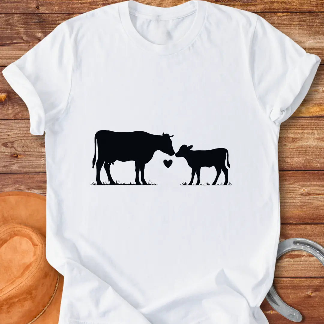 Mama & Calf T-Shirt design t-shirt, showing a graphic of a cow.