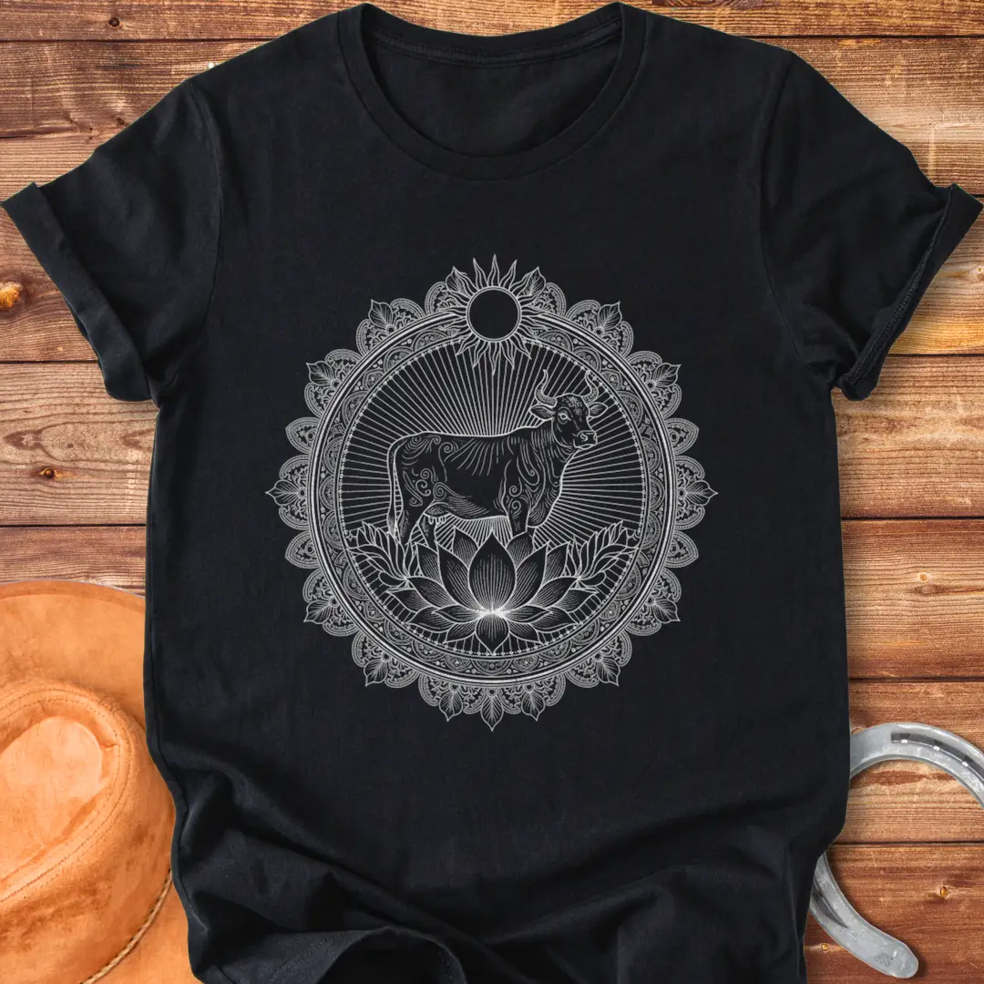 Intricate mandala design featuring a cow at the center, radiating with light and detail