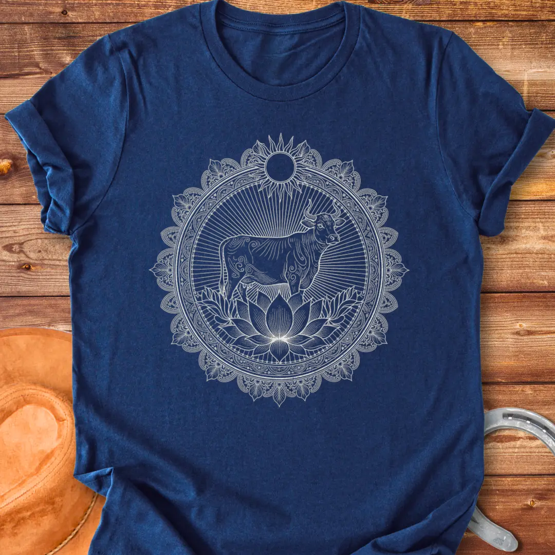 Intricate mandala design featuring a cow at the center, radiating with light and detail