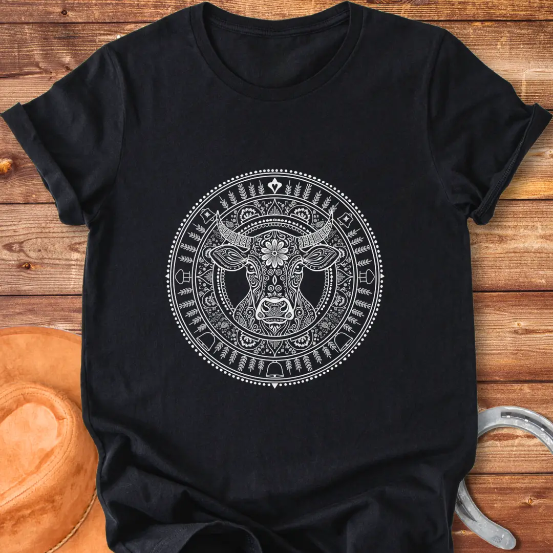 Intricate mandala design featuring a cow head on a black t-shirt