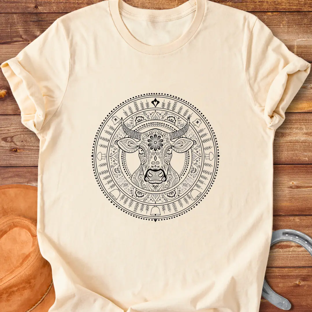 Intricate mandala design featuring a cow head on a black t-shirt